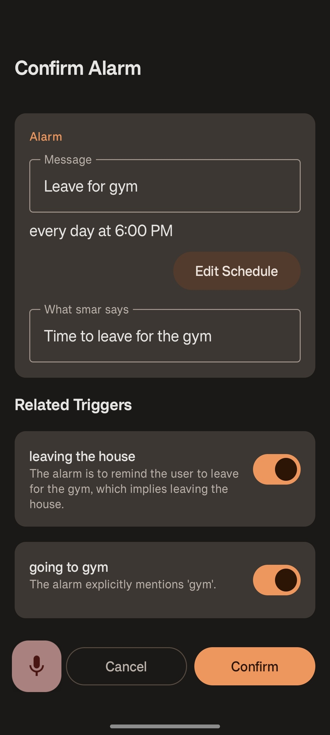 Trigger matching confirmation screen